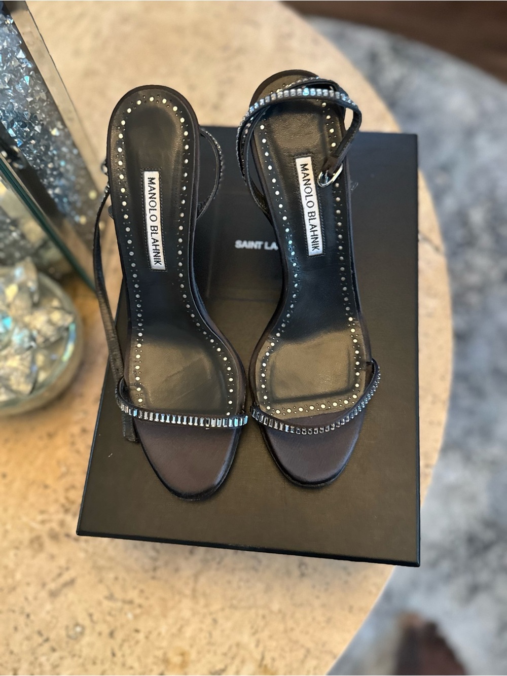 Manolo Blahnik Black Crystal-Trim Ankle-Strap Heels